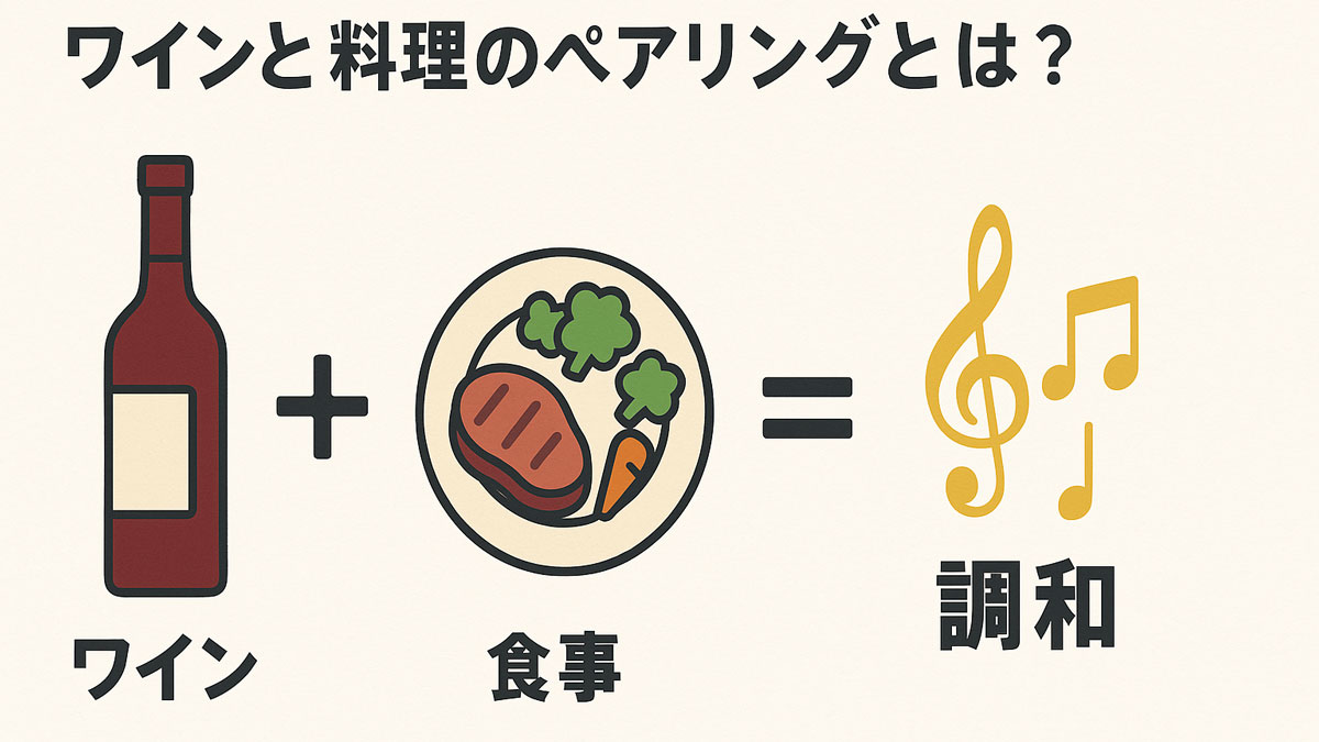 ワインと料理のペアリングを「ワイン＋食事＝調和」と視覚的に表現した図。赤ワインと食事のイラストが音楽記号とともに調和を象徴している。