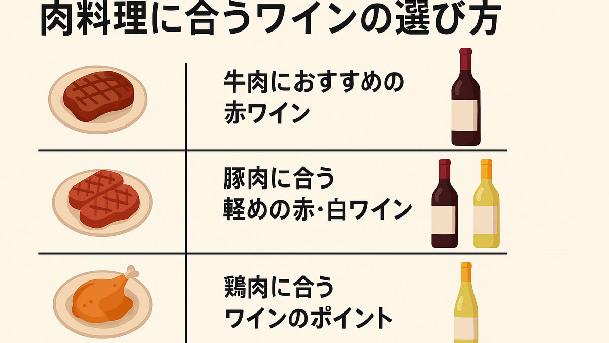 牛肉・豚肉・鶏肉それぞれに合うワインをイラストと文字で整理した図。赤・白ワインのボトルが並び、初心者にもわかりやすく肉料理とワインの関係を説明している。