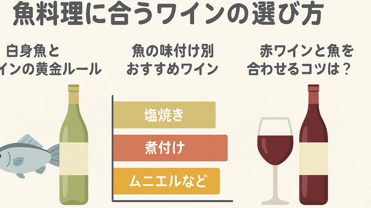 魚料理に合うワインの選び方を「白身魚」「味付け別」「赤ワインと魚の組み合わせ」の3つの視点で紹介した図。ワインボトルと料理のイラストがシンプルに並び、視覚的に選び方のポイントを伝えている。