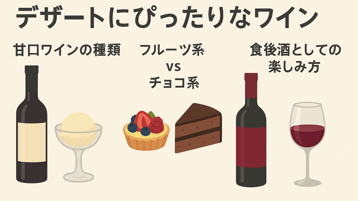 デザートに合うワインの選び方を「甘口ワインの種類」「フルーツ系 vs チョコ系」「食後酒としての楽しみ方」の3つに分けて紹介した図。アイス、タルト、チョコケーキ、ワインが並び、視覚的にペアリングのヒントを伝えている。