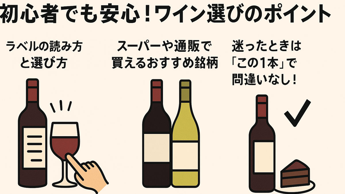 初心者向けのワイン選びのポイントを3つの視点（ラベルの読み方、手に入りやすい銘柄、迷ったときの1本）で紹介した図。赤白ワインのイラストとアイコンで視覚的にわかりやすくまとめられている。