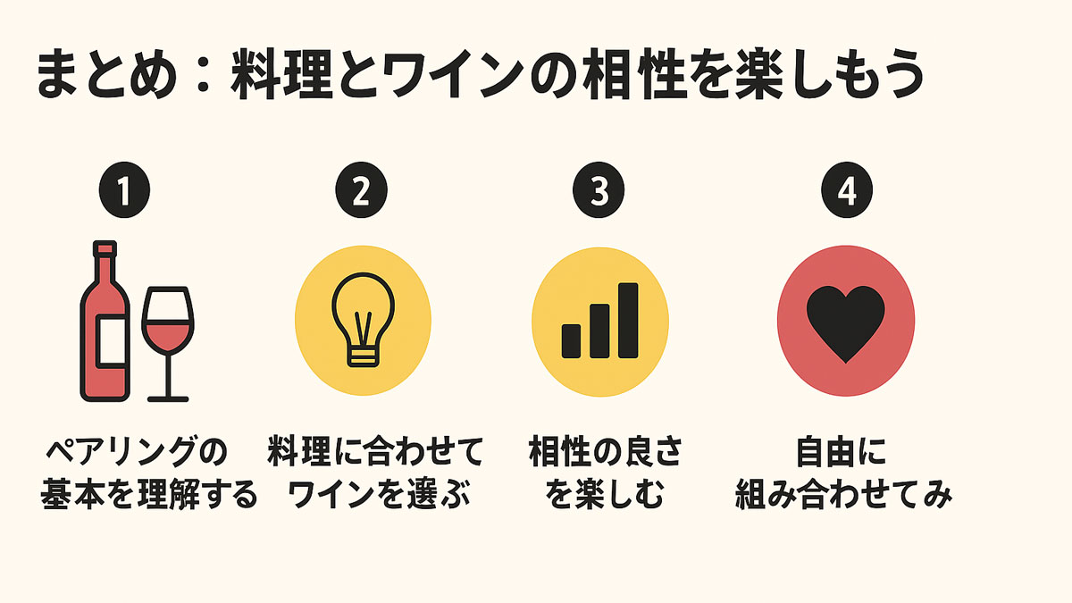 料理とワインの相性を楽しむための4つのステップ（ペアリングの基本理解、料理に合うワイン選び、相性の良さを楽しむ、自由に組み合わせる）をアイコンと共に視覚的にまとめた日本語インフォグラフィック。