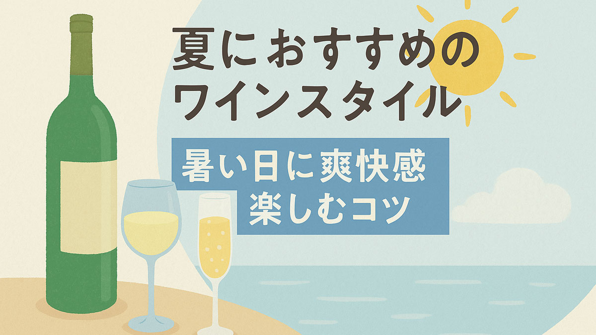 夏の海辺を背景に、白ワインとスパークリングワインが描かれたイラスト。ボトルとグラス、太陽と雲が優しい色合いで配置され、「夏におすすめのワインスタイル 暑い日に爽快感楽しむコツ」の日本語テキストが中央に表示されている。