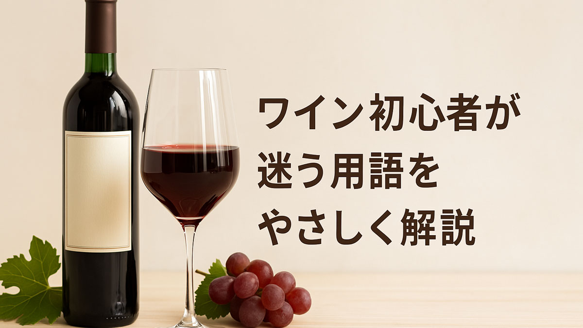 赤ワインのボトルとグラス、ぶどうの房と葉が木のテーブルに置かれた構図。右側に「ワイン初心者が迷う用語をやさしく解説」という日本語テキストが配置され、ナチュラルな色調でやさしい雰囲気にまとめられている。