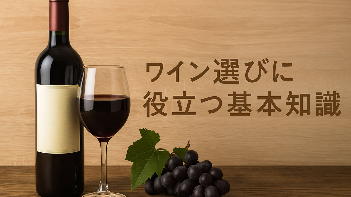 木製テーブルの上に赤ワインのボトルとグラス、ぶどうと葉が並び、右側に「ワイン選びに役立つ基本知識」の日本語テキストが配置された、ナチュラルでやさしい印象