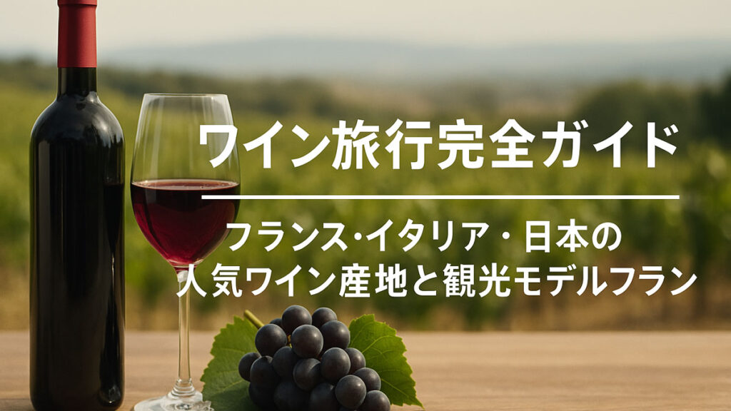ワインボトルとグラス、ぶどうを木製テーブルに置いた風景の中に「ワイン旅行完全ガイド|フランス・イタリア・日本の人気ワイン産地と観光モデルプラン」の日本語テキストが右寄りに配置されたアイキャッチ画像。ナチュラルな配色と優しい雰囲気で、旅とワインの魅力を表現。