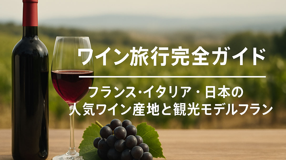 ワインボトルとグラス、ぶどうを木製テーブルに置いた風景の中に「ワイン旅行完全ガイド｜フランス・イタリア・日本の人気ワイン産地と観光モデルプラン」の日本語テキストが右寄りに配置されたアイキャッチ画像。ナチュラルな配色と優しい雰囲気で、旅とワインの魅力を表現。