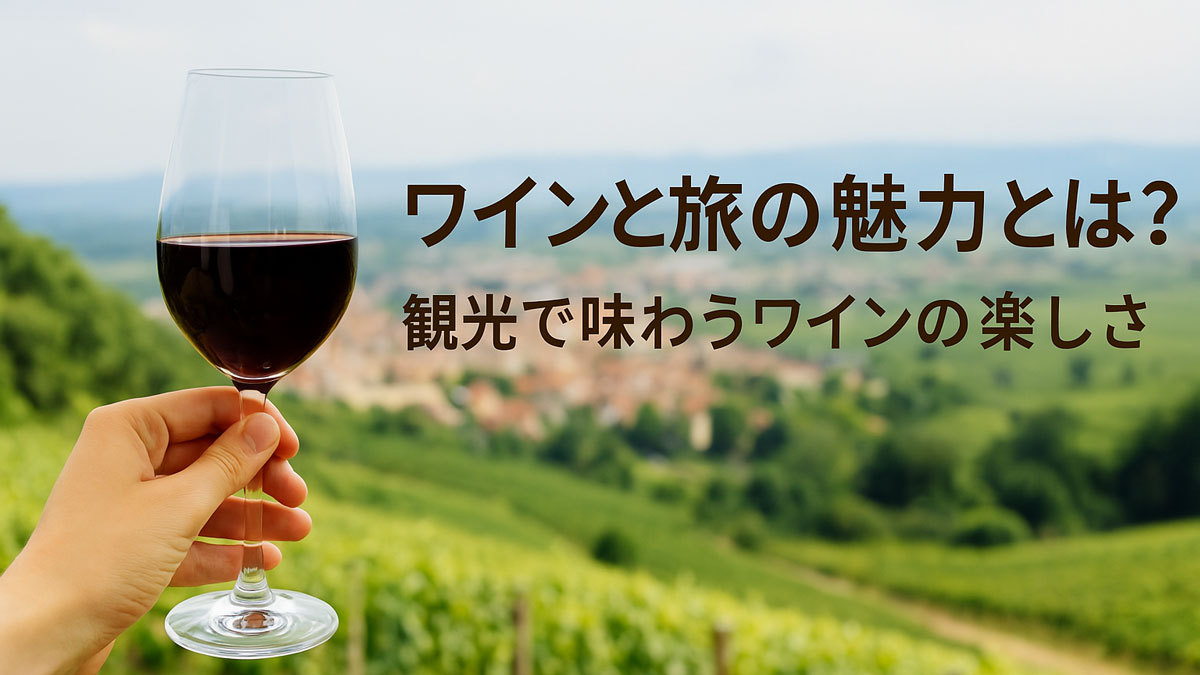 ブドウ畑を背景に赤ワインを掲げる手元の写真に、「ワインと旅の魅力とは？観光で味わうワインの楽しさ」という日本語テキストが右寄せで配置された、優しい雰囲気のナチュラル系アイキャッチ画像。