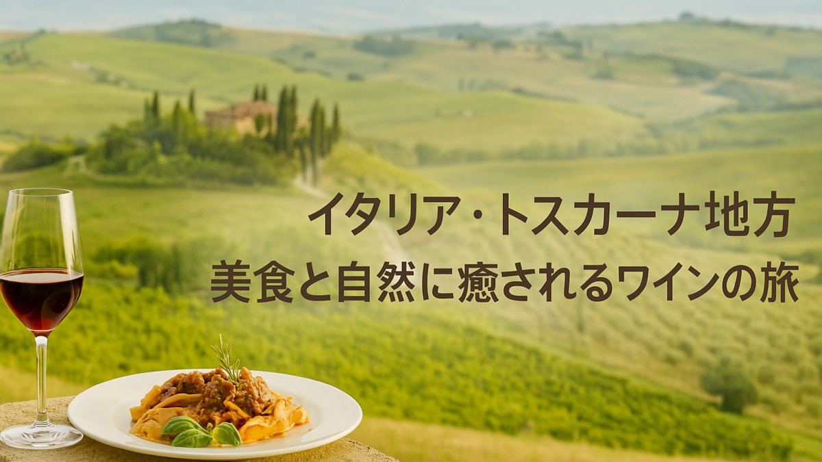 トスカーナの丘陵風景を背景に、パスタと赤ワインのセットが置かれ、「イタリア・トスカーナ地方 美食と自然に癒されるワインの旅」という日本語テキストが右寄せで配置された、優しい雰囲気のナチュラル系。