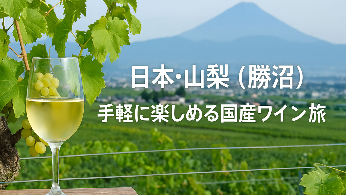 山梨・勝沼のブドウ畑と富士山を背景に、白ワインとぶどうの房を添えたグラスが並ぶ風景に、「日本・山梨（勝沼） 手軽に楽しめる国産ワイン旅」の日本語テキストが右寄せで配置された優しい雰囲気のナチュラル系画像。