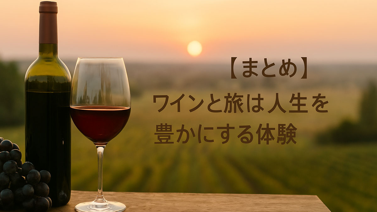夕焼けのブドウ畑を背景に、ワインボトルとグラス、ぶどうが並ぶ木製テーブルと、「【まとめ】ワインと旅は人生を豊かにする体験」の日本語テキストが右寄せで配置された、優しい雰囲気のナチュラル系画像。
