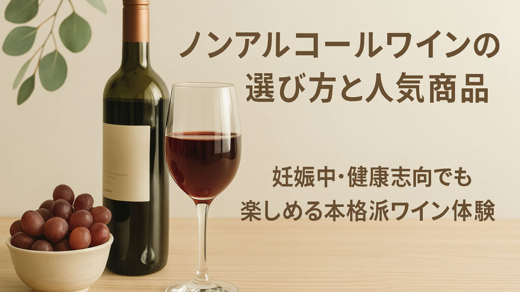ノンアルコールワインのボトルとグラス、ぶどうをナチュラルな木のテーブルに並べた写真。右寄せで「ノンアルコールワインの選び方と人気商品」「妊娠中・健康志向でも楽しめる本格派ワイン体験」という日本語テキストが優しく配されたデザイン。