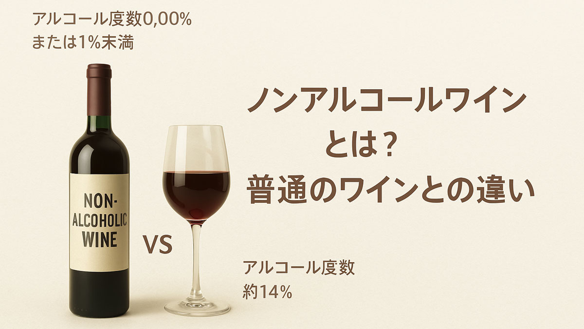ノンアルコールワインと通常のワインのボトルとグラスを並べて比較し、「ノンアルコールワインとは？普通のワインとの違い」という日本語テキストを右寄せで配置した、優しいナチュラル配色の解説用イメージ。