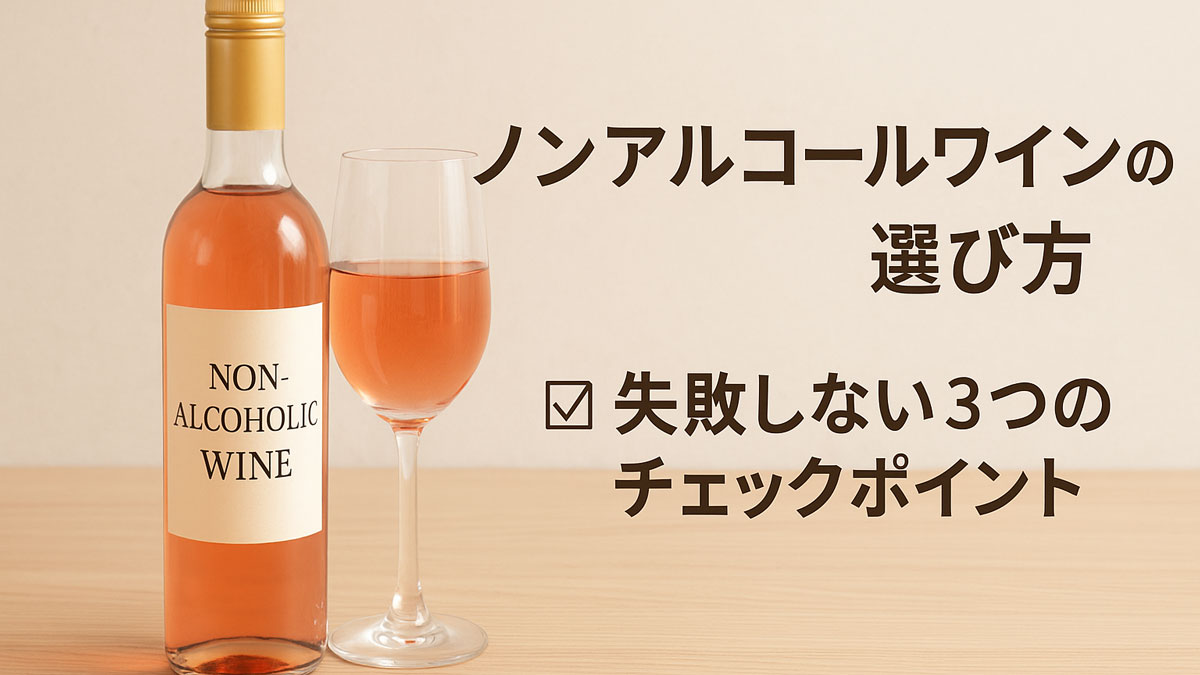 ノンアルコールのロゼワインとワイングラスを木のテーブルに置いた画像。「ノンアルコールワインの選び方」「失敗しない3つのチェックポイント」という日本語テキストを右寄せに配置し、優しいナチュラル配色で構成。