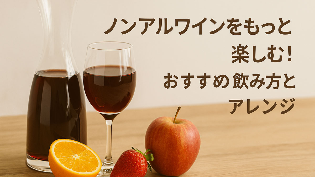 ノンアルコール赤ワインのデキャンタとグラス、フルーツ（オレンジ・いちご・りんご）を木のテーブルに並べた構図。「ノンアルワインをもっと楽しむ！おすすめの飲み方とアレンジ」という日本語テキストを右寄せに配置した、優しい雰囲気の画像。