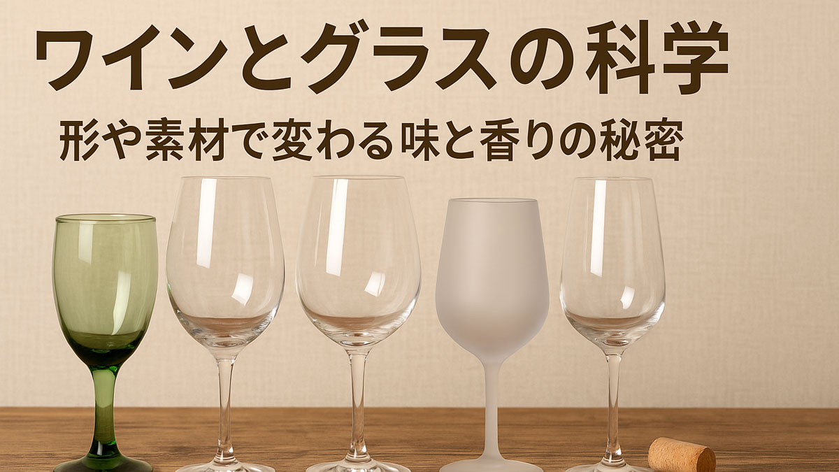 さまざまな形と素材のワイングラスが並ぶ木製テーブル。背景はナチュラルな生成色の布。上部には「ワインとグラスの科学　形や素材で変わる味と香りの秘密」という日本語テキスト入り。グラスの違いによる印象の変化を伝えるイメージ。