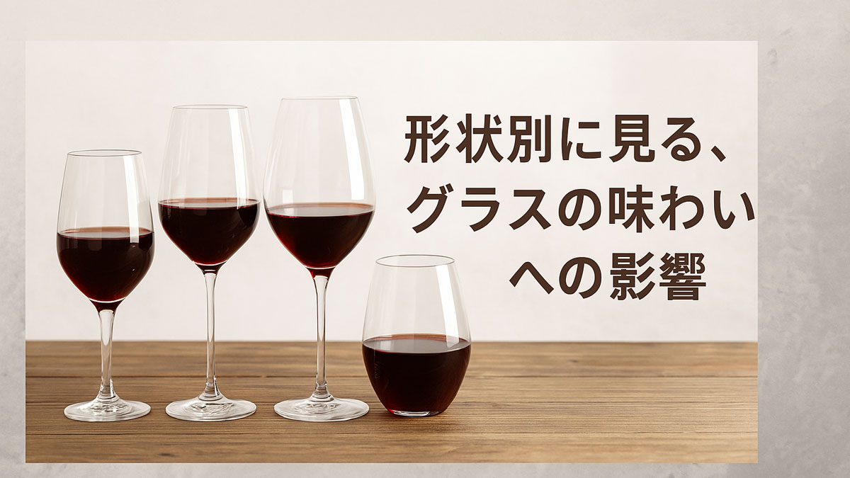 異なる形状のワイングラスに赤ワインが注がれ、木製のテーブル上に並ぶ。右側には「形状別に見る、グラスの味わいへの影響」という日本語テキストが配置されており、ワイングラスの形の違いが味に及ぼす影響を表現している。