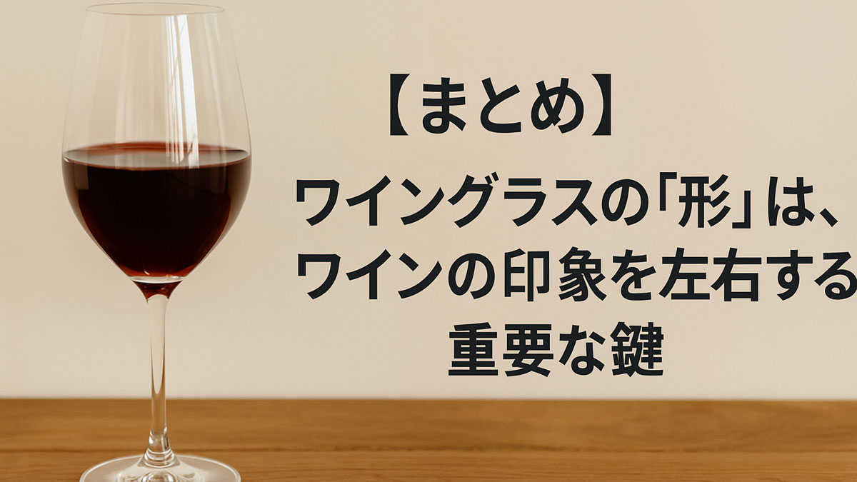 赤ワインが注がれたワイングラスが木製のテーブル上に置かれ、右側には「【まとめ】ワイングラスの『形』は、ワインの印象を左右する重要な鍵」という日本語テキストが配置された画像。ワインの印象を変える要素としてグラスの形状の重要性を表現している。