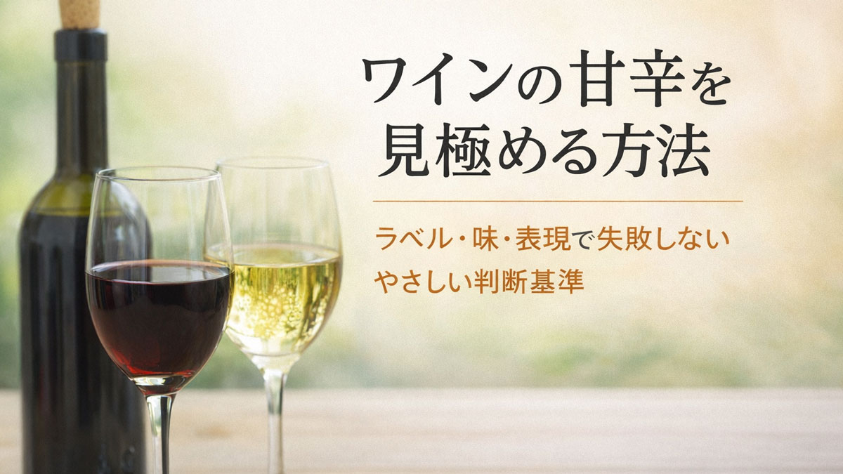 赤ワインと白ワインのグラスを並べたナチュラルな写真に「ワインの甘辛を見極める方法｜ラベル・味・表現で失敗しないやさしい判断基準」と日本語テキストを配置したアイキャッチ画像