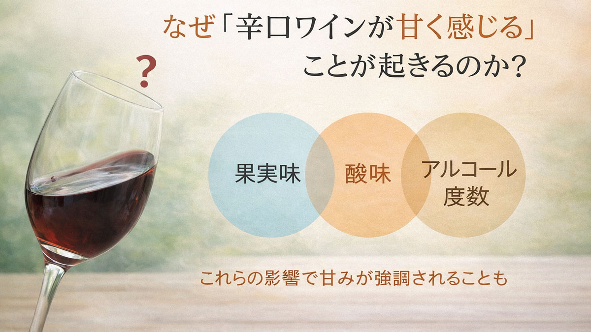 辛口ワインが甘く感じる理由を解説する図解イメージ。赤ワインのグラスとともに、果実味・酸味・アルコール度数が甘みの感じ方に影響することを日本語テキストで示したナチュラルな解説画像