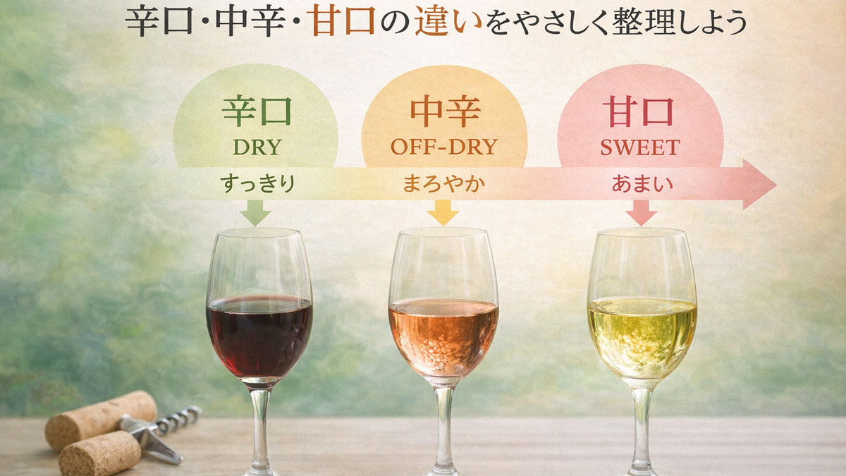 辛口・中辛・甘口の違いを視覚的に整理した図解画像。赤・ロゼ・白ワインのグラスを並べ、甘さの段階を日本語テキストでやさしく説明したナチュラルなイメージ