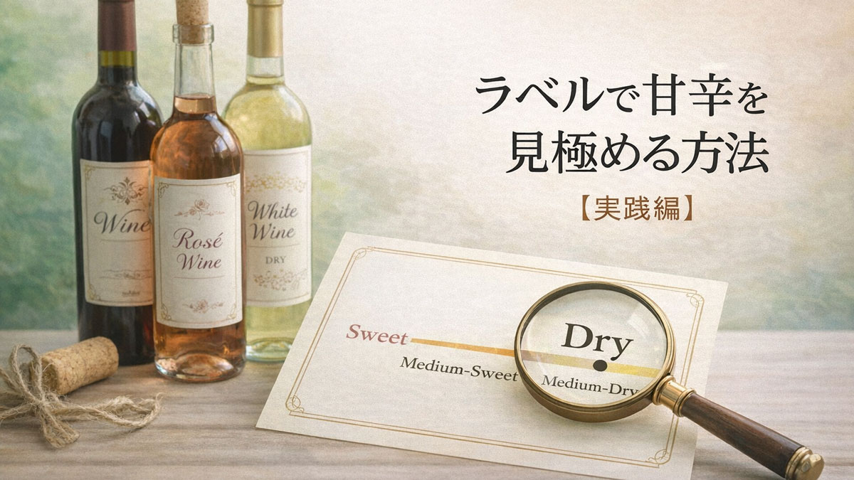 ワインのラベル表記から甘口・辛口を見極める方法を解説する実践イメージ。赤・ロゼ・白ワインのボトルと拡大鏡を使い、Dryなどの表記を確認する様子を日本語テキスト付きで表現したナチュラルな画像