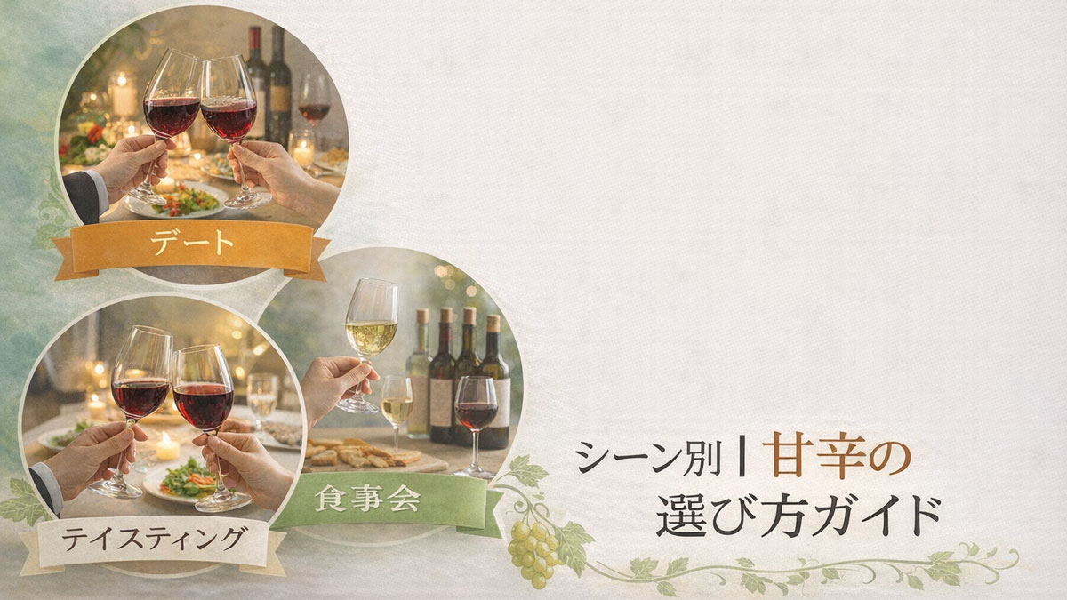 シーン別にワインの甘口・辛口の選び方を紹介する解説画像。デート・テイスティング・食事会の場面ごとにワインを楽しむ様子を描き、用途に合わせた甘辛選びを日本語テキストで示したナチュラルなイメージ