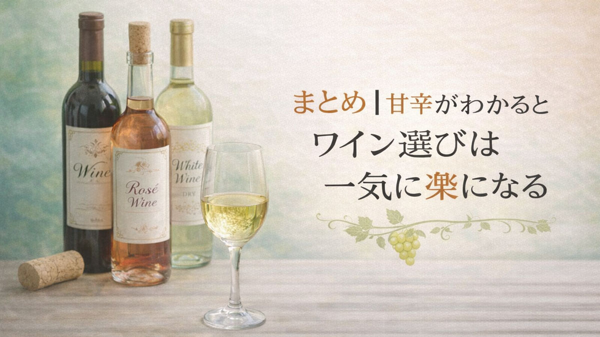 ワインの甘口・辛口が理解できると選び方が楽になることを表現したまとめ用イメージ。赤・ロゼ・白ワインのボトルとグラスを並べ、日本語テキストで「甘辛がわかるとワイン選びは一気に楽になる」と伝えるナチュラルな画像