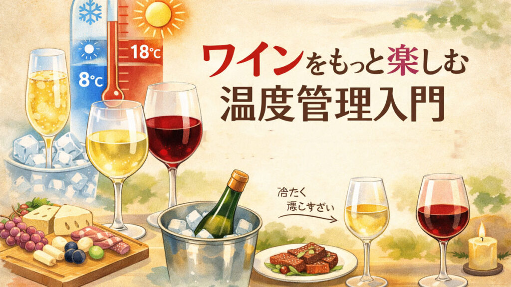 ワインの適正温度をわかりやすく解説するイラスト。赤・白・スパークリングワインと温度計、氷入りクーラーを配置し、冷やしすぎや常温の誤解をやさしい雰囲気で表現したアイキャッチ画像