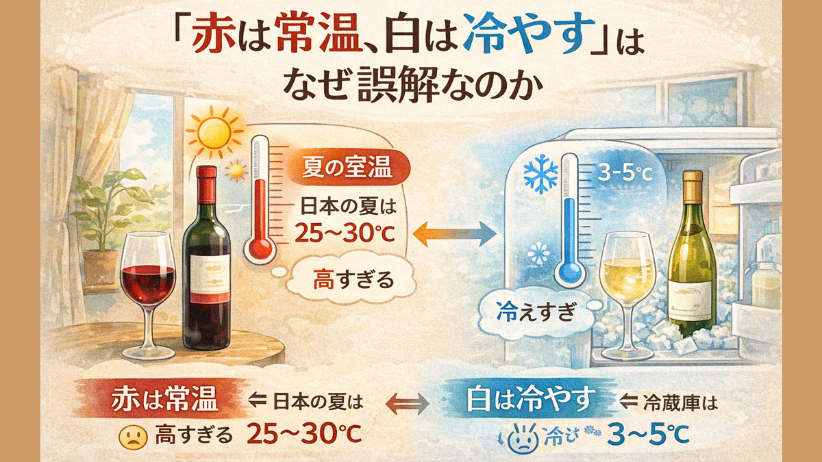 「赤は常温、白は冷やす」という誤解を図解で示したイラスト。日本の夏の室温25〜30℃は赤ワインには高すぎ、冷蔵庫3〜5℃は白ワインには冷えすぎであることを温度計とワインでやさしく説明している画像