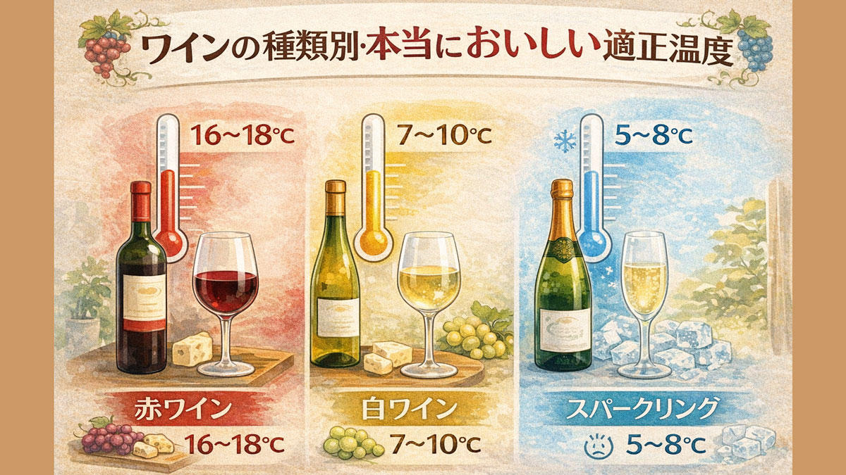 赤ワイン・白ワイン・スパークリングワインの適正温度を比較した図解イラスト。赤16〜18℃、白7〜10℃、スパークリング5〜8℃の目安を温度計とグラスでやさしく示している画像