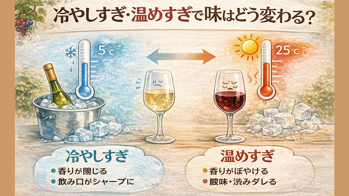 ワインを冷やしすぎた場合と温めすぎた場合の味の違いを比較した図解イラスト。冷やしすぎでは香りが閉じてシャープになり、温めすぎでは香りがぼやけて酸味や渋みがだらける様子を温度計とグラスでやさしく表現している画像