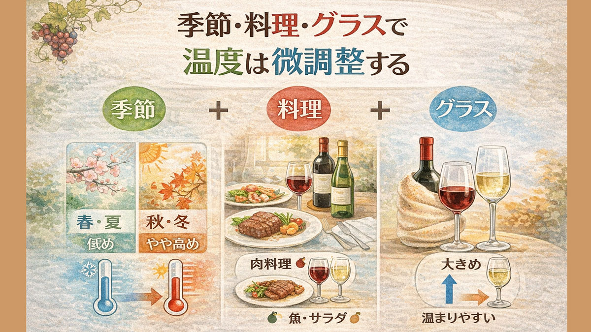 季節・料理・グラスの違いによってワインの適正温度を微調整する考え方を図解したイラスト。夏冬の季節差、肉料理や魚料理との相性、グラスの大きさによる体感温度の変化を、ワインと温度計でやさしく説明している画像