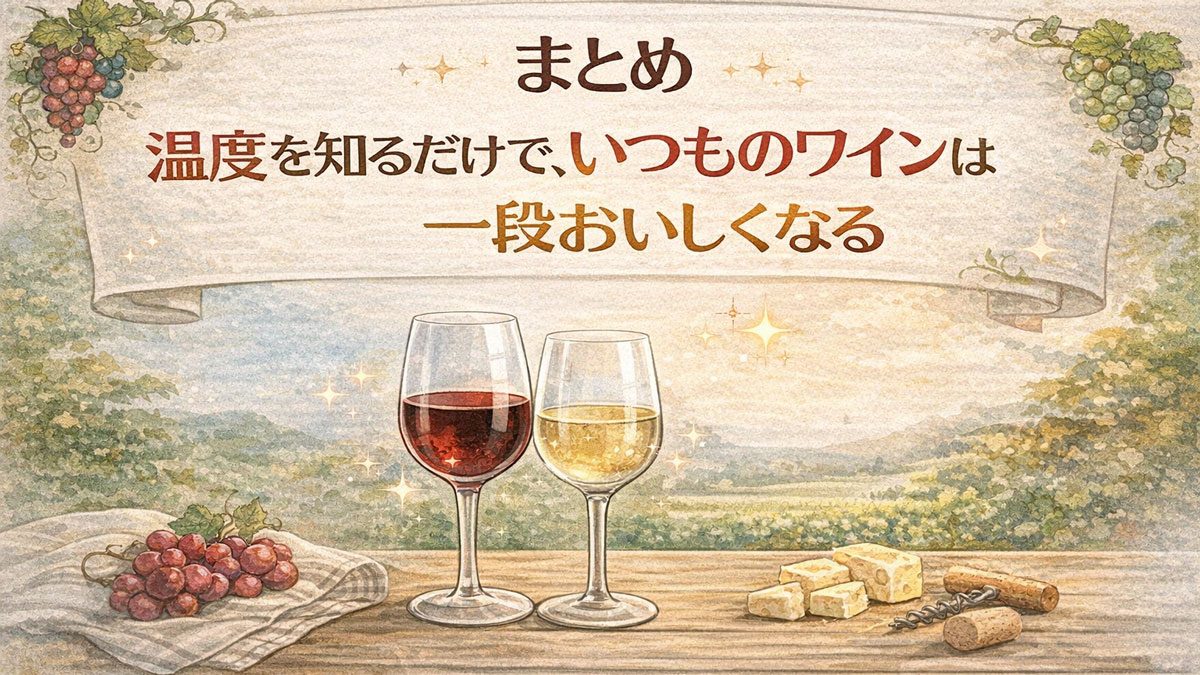 ワインの温度を意識することで味わいが向上することを伝えるまとめ用イラスト。赤ワインと白ワインのグラスを並べ、「温度を知るだけで、いつものワインは一段おいしくなる」という日本語テキストを、やさしくナチュラルな雰囲気で表現している画像